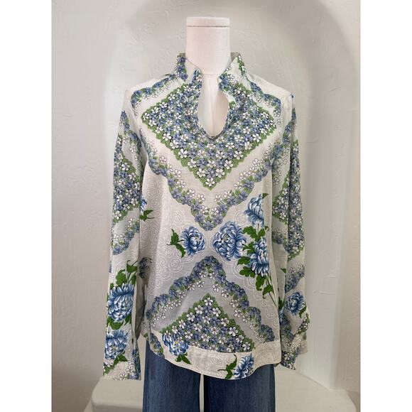 Tory Burch Terrace Ditsy Floral Tunic White Blue Green 100% Cotton Size 6 - Picture 3 of 9